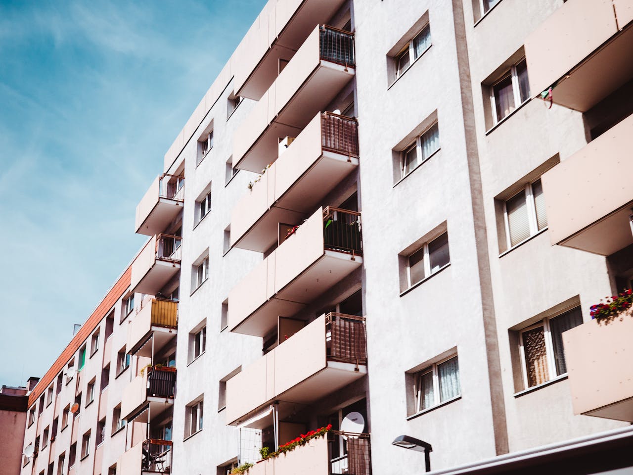 Contemporary apartment building with balconies in an urban setting, Frankfurt am Main.